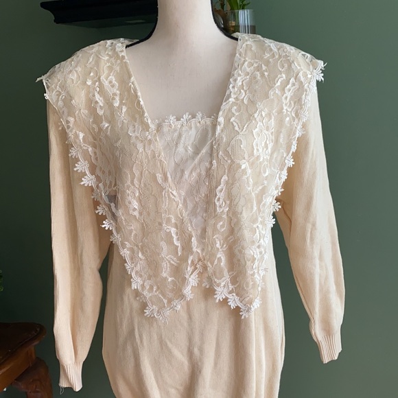 Womens Sz M vintage lace collar knit romantic retro beige casual rare sweater - Picture 4 of 8
